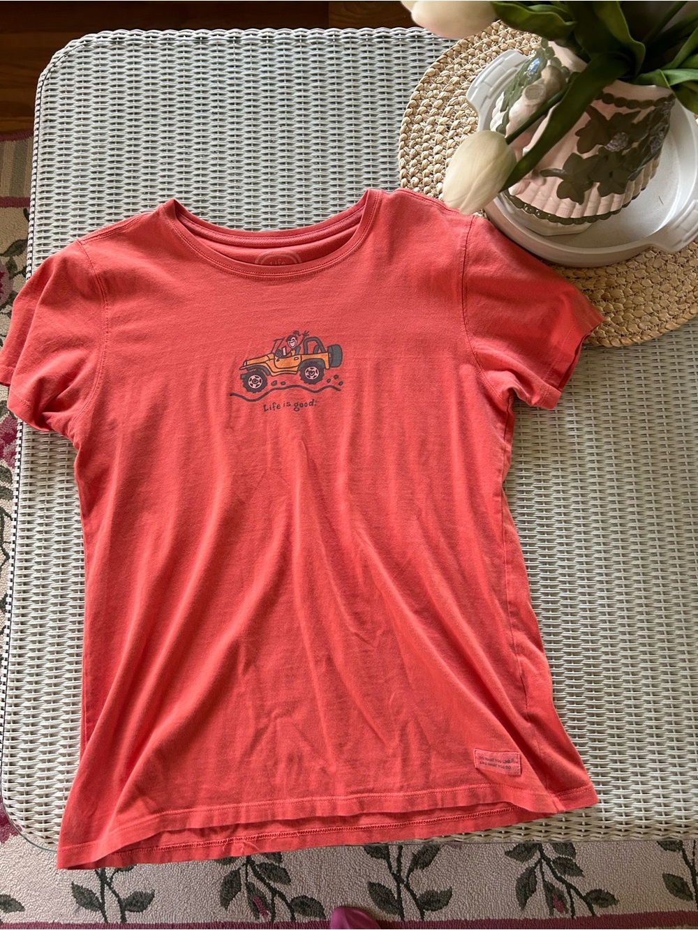 Life Is Good Coral Short Sleeve Tee with Truck Illustration
